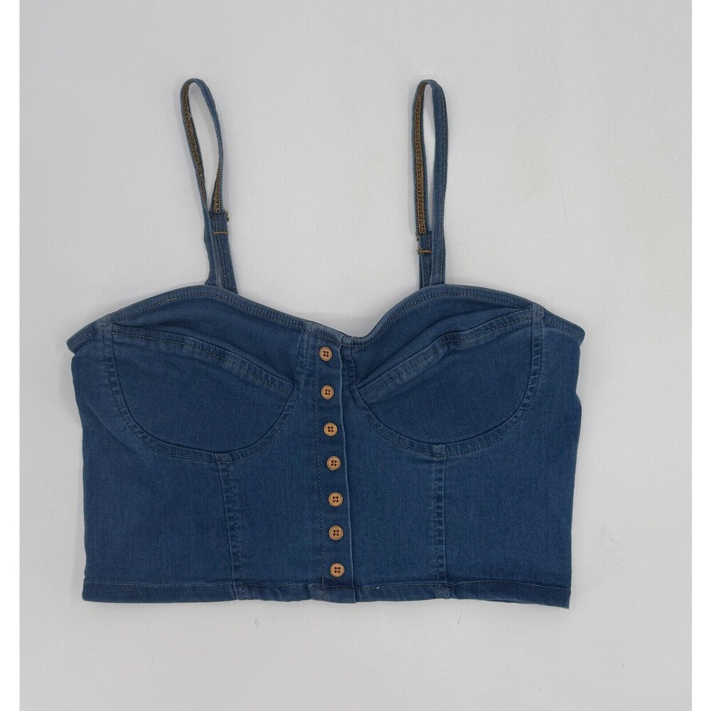 THRILL Jeans Corset Bustier Crop Top Womens Large Blue Smocked Back